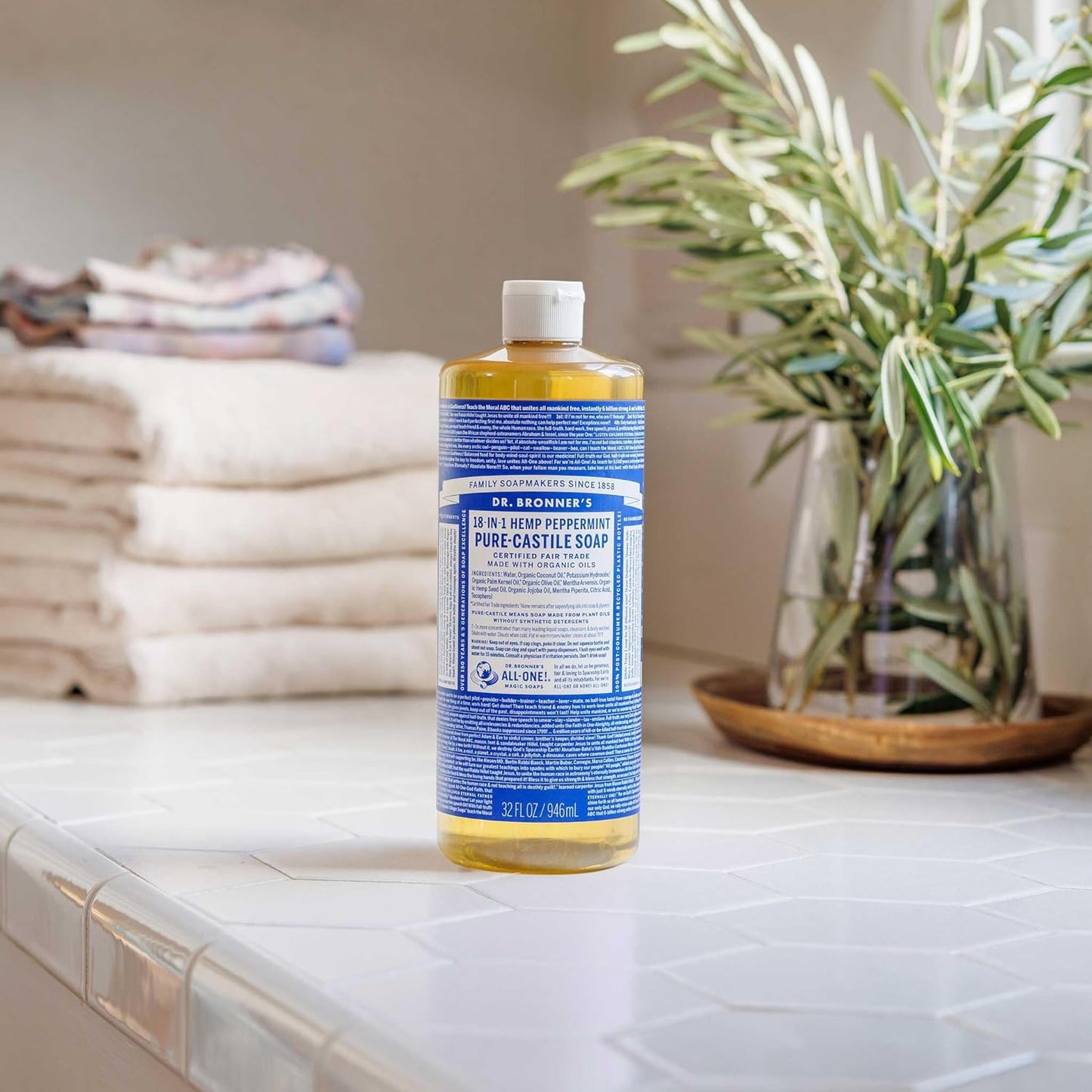 Pure-Castile Magic Liquid Soap - Made with Regenerative Organic Certified Oils- 18-In-1 Uses for Face, Body, Hand, Hair, Laundry & More- Vegan, Non-Gmo- Body Wash- Peppermint,32Oz