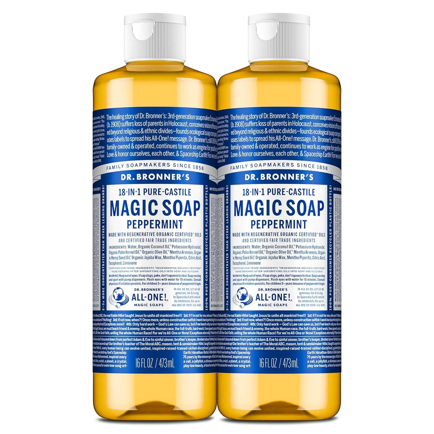 Pure-Castile Magic Liquid Soap - Made with Regenerative Organic Certified Oils- 18-In-1 Uses for Face, Body, Hand, Hair, Laundry & More- Vegan, Non-Gmo- Body Wash- Peppermint,32Oz