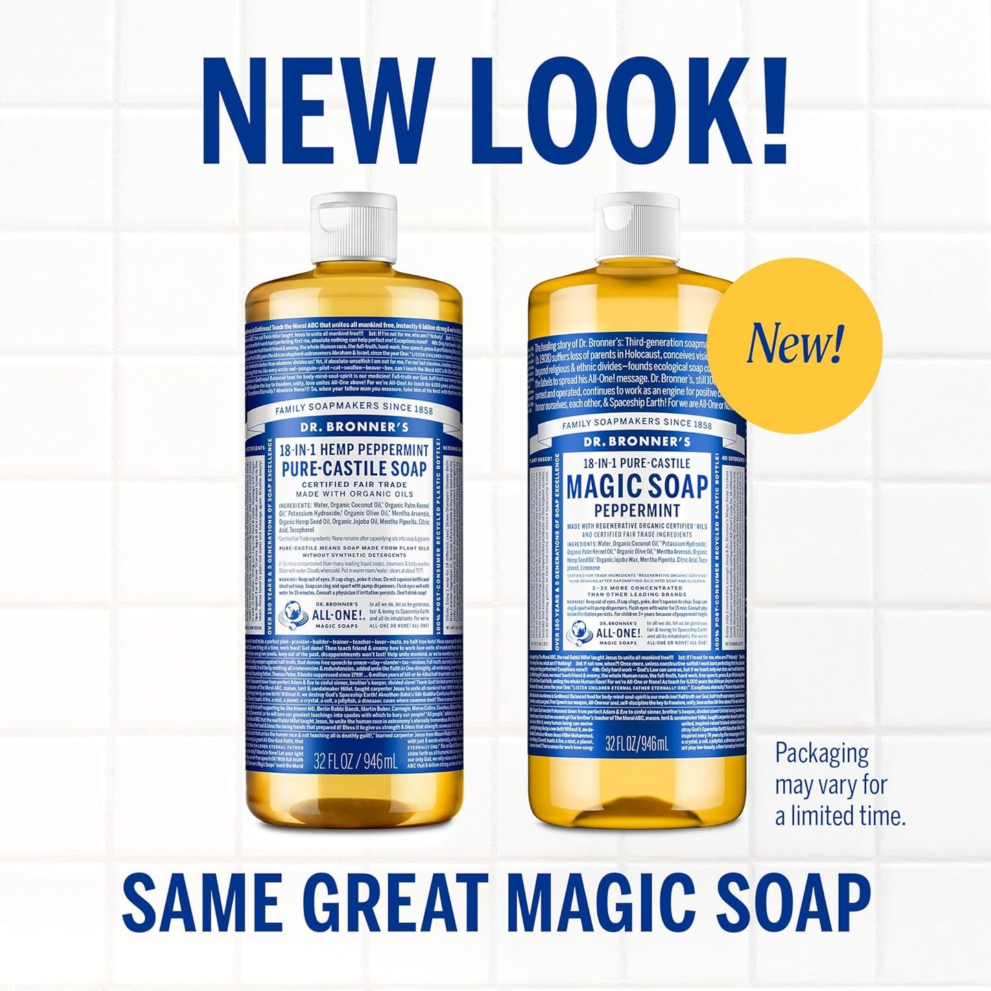 Pure-Castile Magic Liquid Soap - Made with Regenerative Organic Certified Oils- 18-In-1 Uses for Face, Body, Hand, Hair, Laundry & More- Vegan, Non-Gmo- Body Wash- Peppermint,32Oz