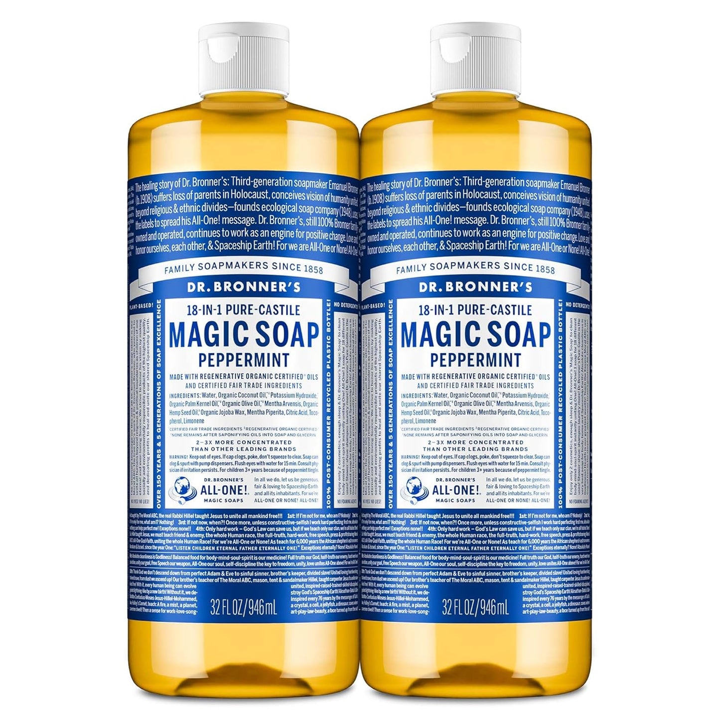 Pure-Castile Magic Liquid Soap - Made with Regenerative Organic Certified Oils- 18-In-1 Uses for Face, Body, Hand, Hair, Laundry & More- Vegan, Non-Gmo- Body Wash- Peppermint,32Oz