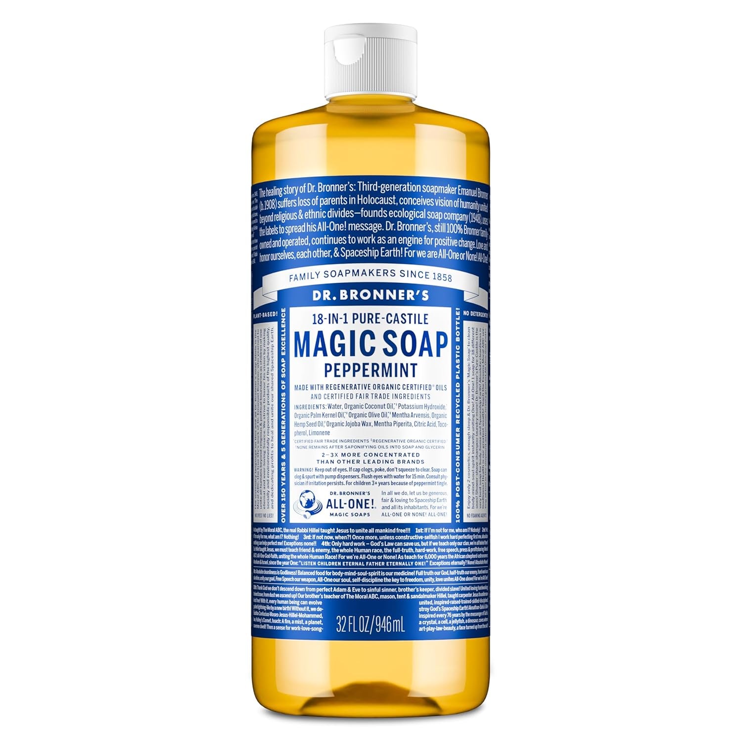 Pure-Castile Magic Liquid Soap - Made with Regenerative Organic Certified Oils- 18-In-1 Uses for Face, Body, Hand, Hair, Laundry & More- Vegan, Non-Gmo- Body Wash- Peppermint,32Oz