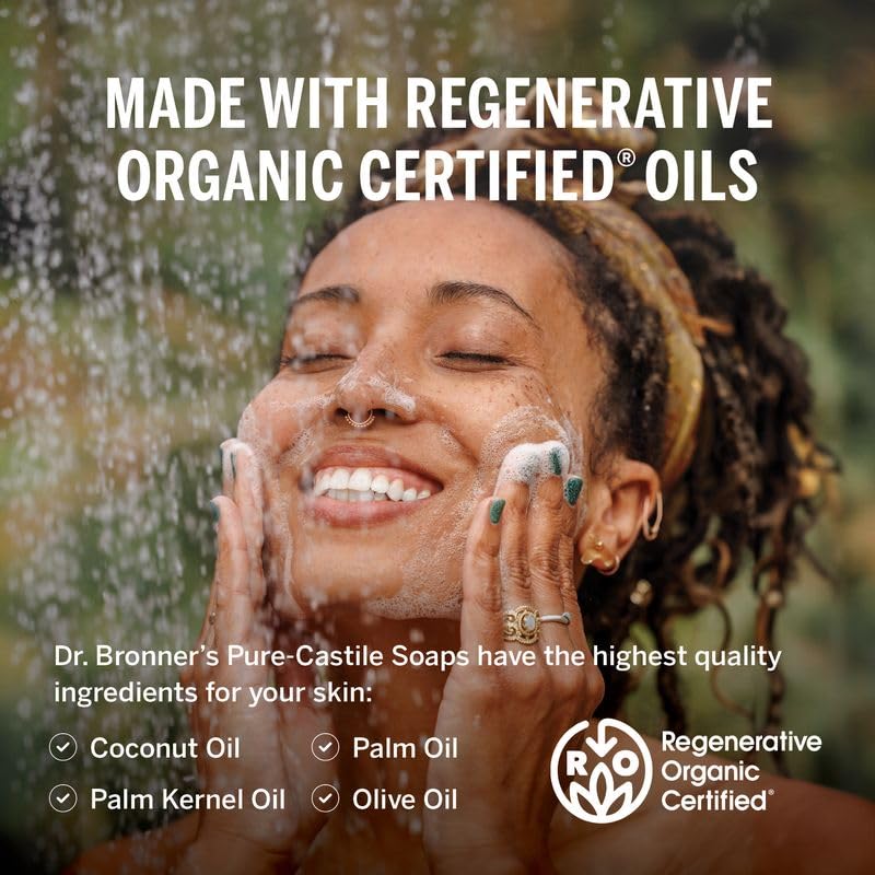 Pure-Castile Magic Liquid Soap - Made with Regenerative Organic Certified Oils- 18-In-1 Uses for Face, Body, Hand, Hair, Laundry & More- Vegan, Non-Gmo- Body Wash- Peppermint,32Oz