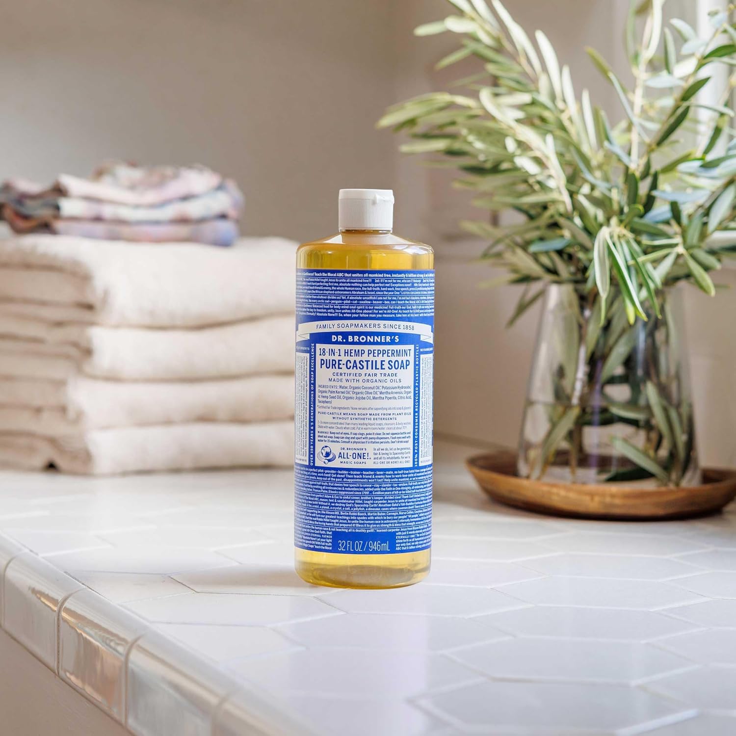 Pure-Castile Magic Liquid Soap - Made with Regenerative Organic Certified Oils- 18-In-1 Uses for Face, Body, Hand, Hair, Laundry & More- Vegan, Non-Gmo- Body Wash- Peppermint,32Oz